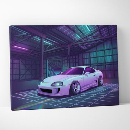 Toyota Supra Mk4 Inspired White Purple Garage Canvas Wall Art Vaporwave JDM Car Artwork, Neon Grid Warehouse Decor Retro Futuristic Print