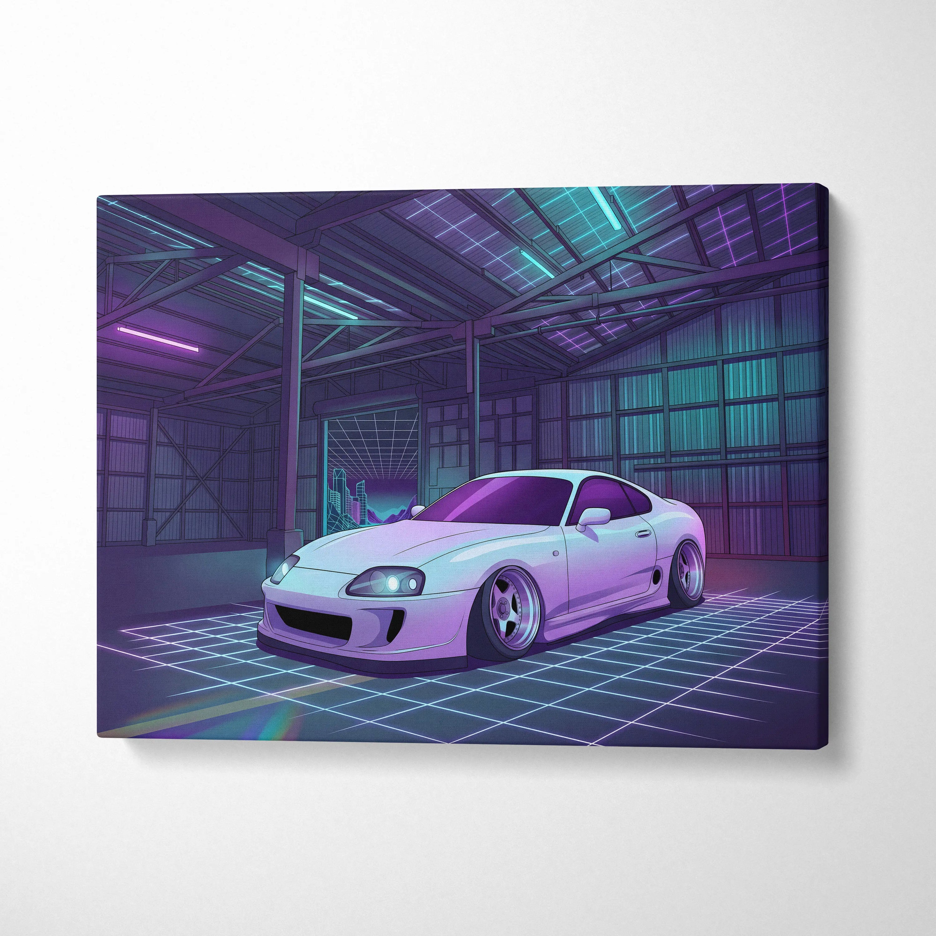 Toyota Supra Mk4 Inspired White Purple Garage Canvas Wall Art Vaporwave JDM Car Artwork, Neon Grid Warehouse Decor Retro Futuristic Print