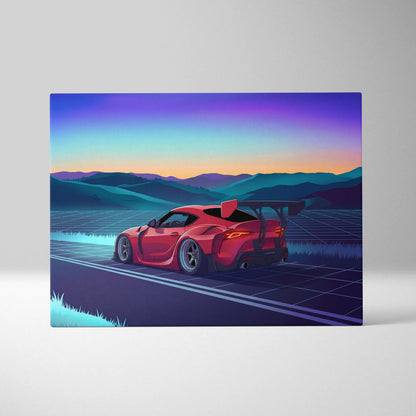 Toyota Supra MK5 Inspired Red Blue Mountain Canvas Wall Art Vaporwave Sports Car Artwork, Neon Grid Road Garage Decor Retro Futuristic Print