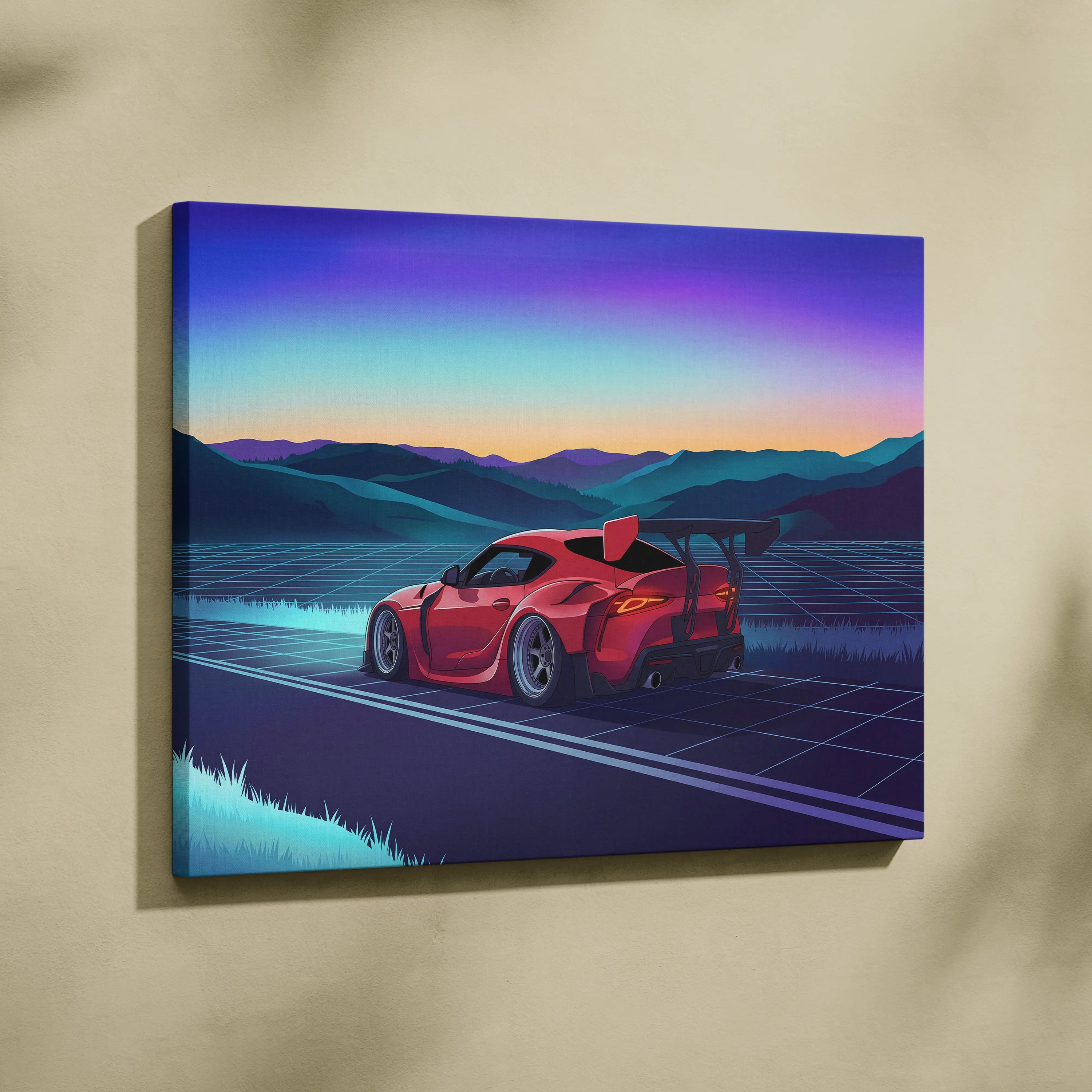 Toyota Supra MK5 Inspired Red Blue Mountain Canvas Wall Art Vaporwave Sports Car Artwork, Neon Grid Road Garage Decor Retro Futuristic Print