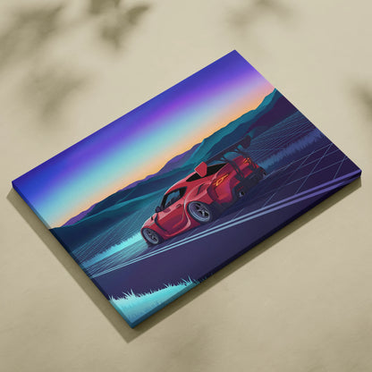 Toyota Supra MK5 Inspired Red Blue Mountain Canvas Wall Art Vaporwave Sports Car Artwork, Neon Grid Road Garage Decor Retro Futuristic Print