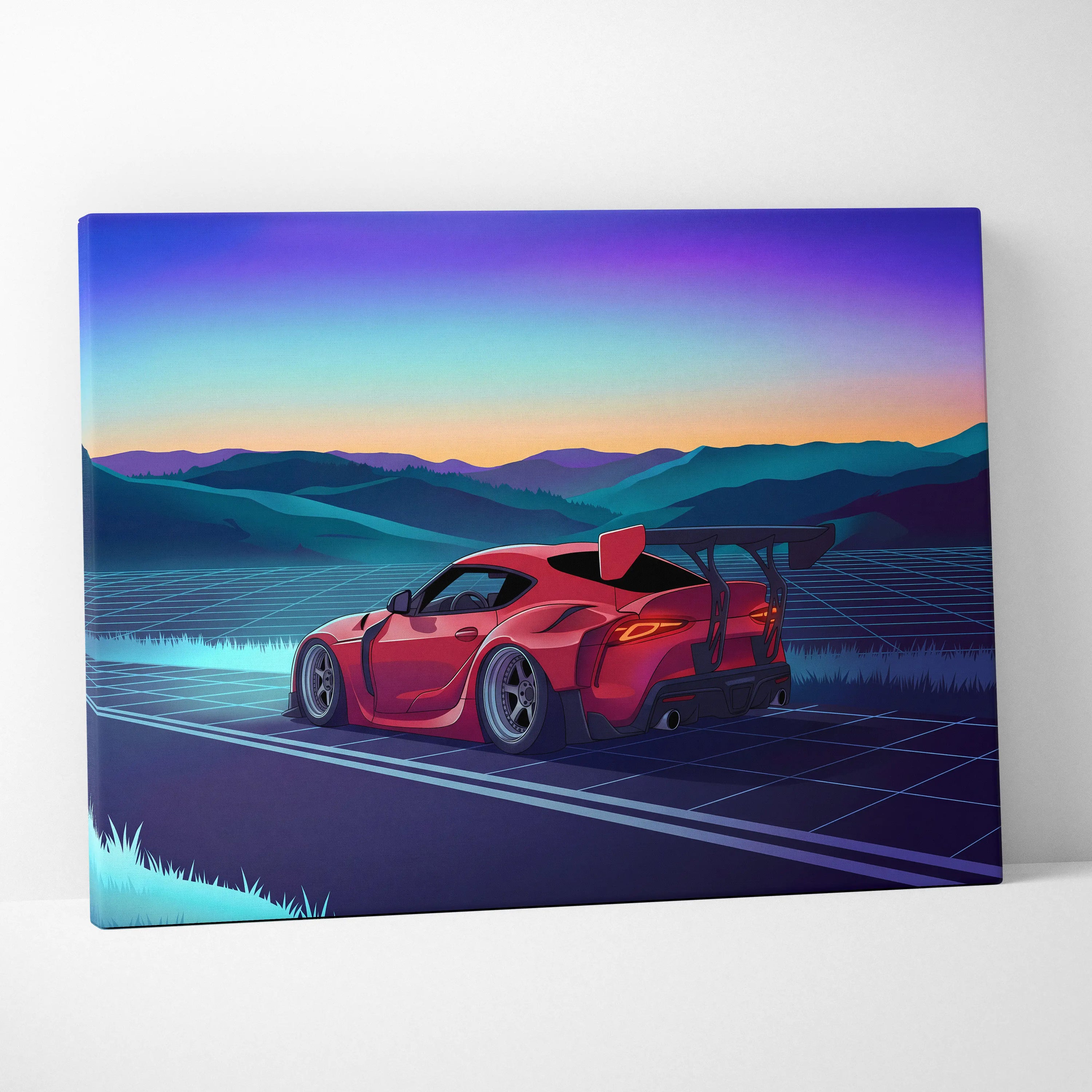 Toyota Supra MK5 Inspired Red Blue Mountain Canvas Wall Art Vaporwave Sports Car Artwork, Neon Grid Road Garage Decor Retro Futuristic Print