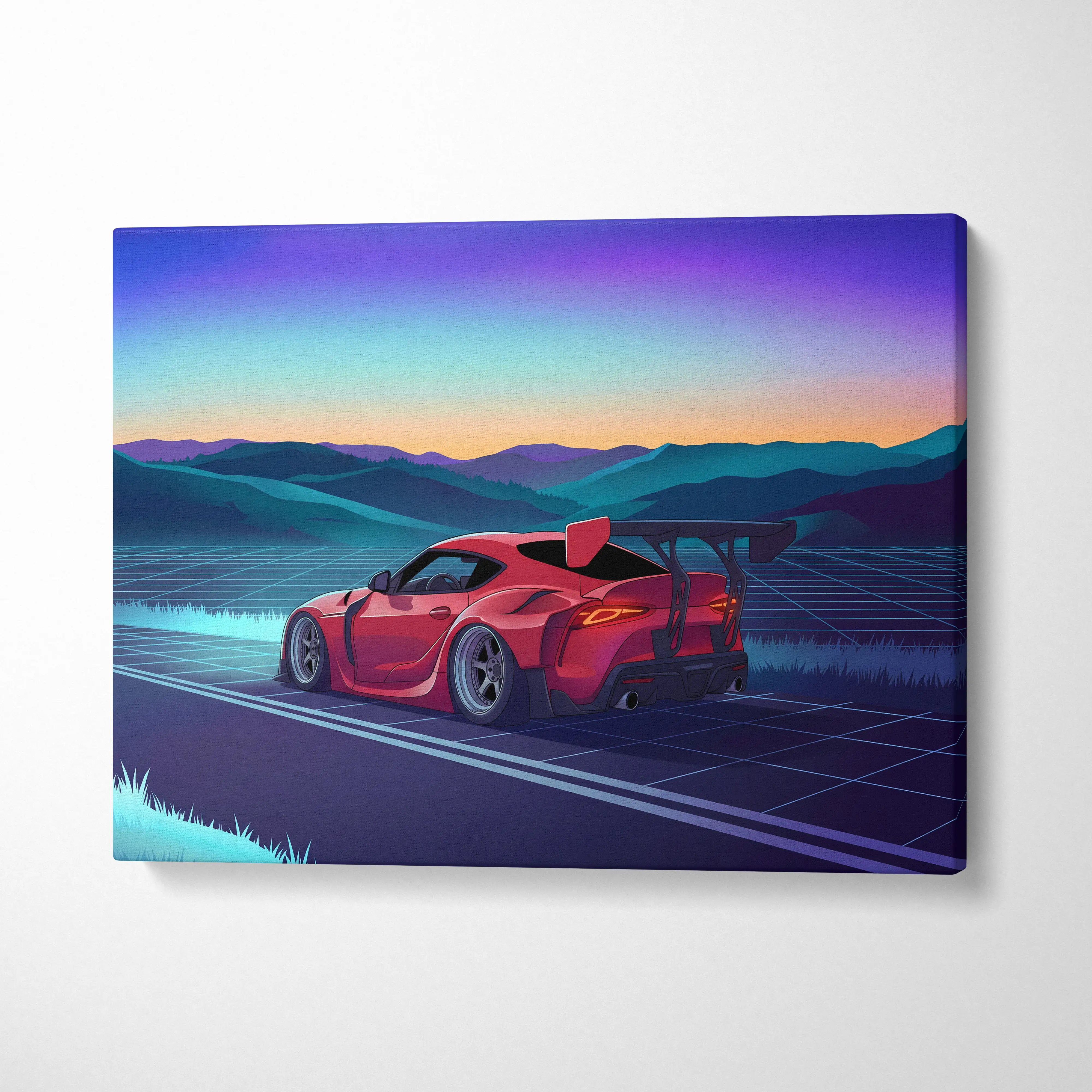 Toyota Supra MK5 Inspired Red Blue Mountain Canvas Wall Art Vaporwave Sports Car Artwork, Neon Grid Road Garage Decor Retro Futuristic Print