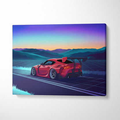 Toyota Supra MK5 Inspired Red Blue Mountain Canvas Wall Art Vaporwave Sports Car Artwork, Neon Grid Road Garage Decor Retro Futuristic Print