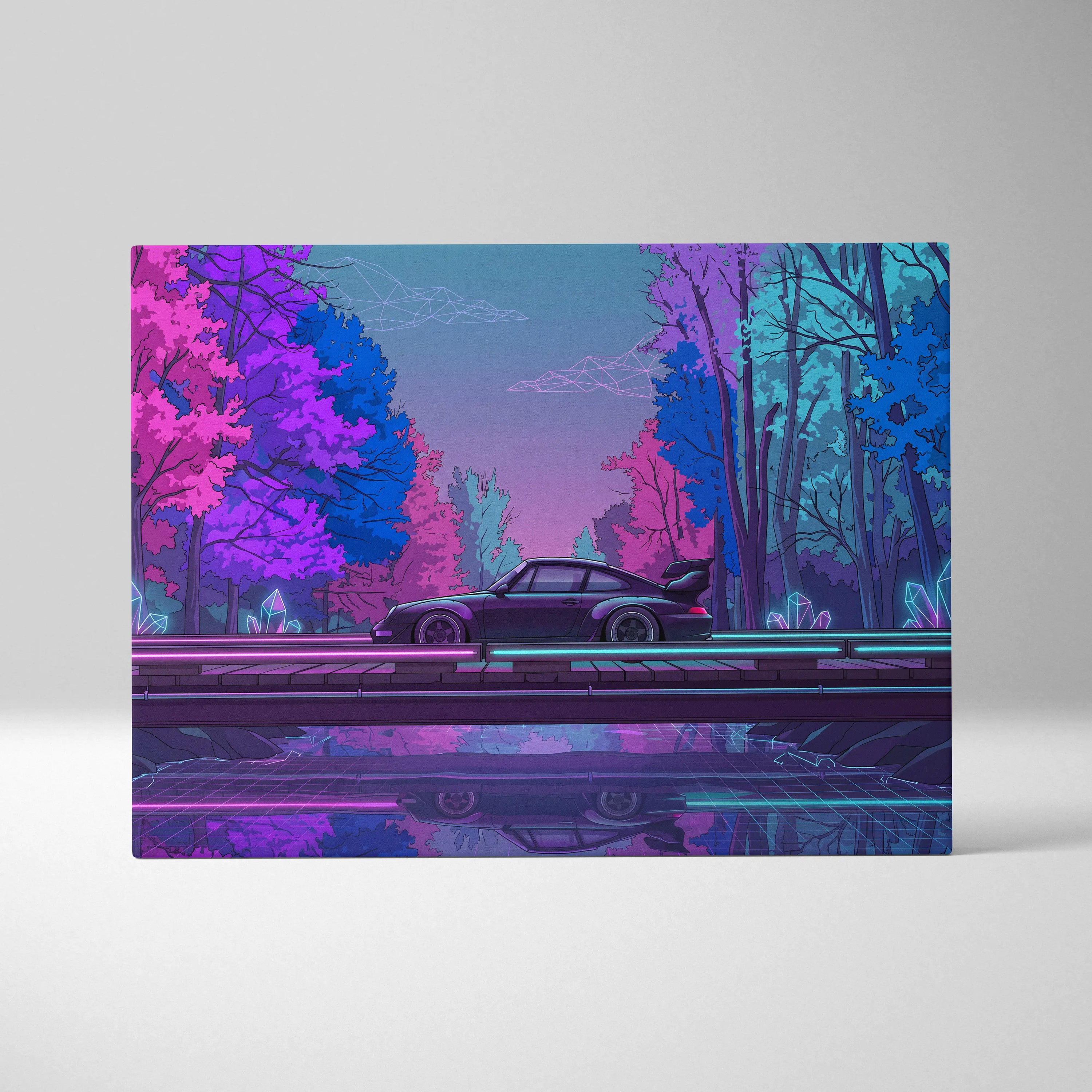 RWB Porsche 911 Inspired Purple Blue Forest Canvas Wall Art Vaporwave Neon Sports Car Artwork, Moody Cyberpunk Garage Decor Print