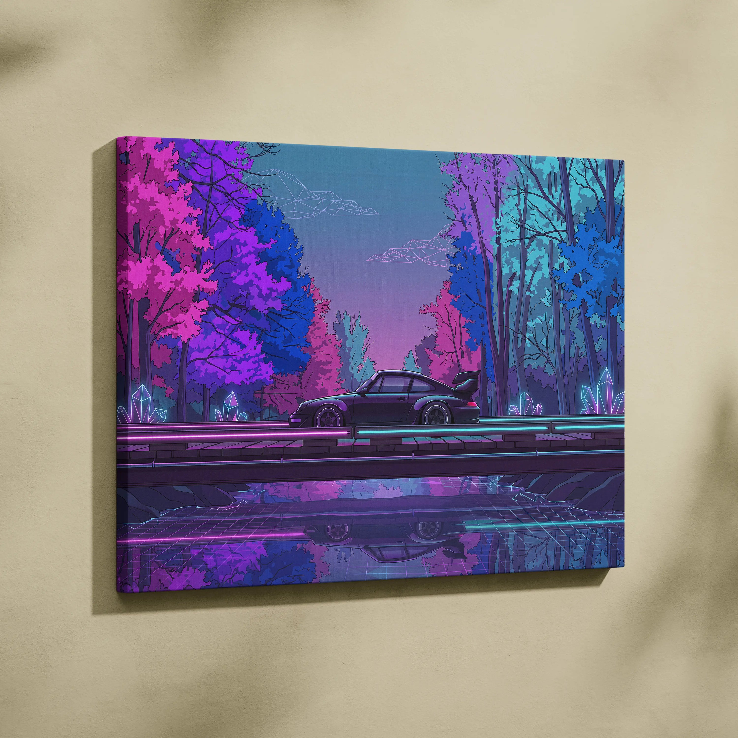 RWB Porsche 911 Inspired Purple Blue Forest Canvas Wall Art Vaporwave Neon Sports Car Artwork, Moody Cyberpunk Garage Decor Print