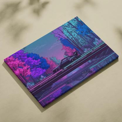 RWB Porsche 911 Inspired Purple Blue Forest Canvas Wall Art Vaporwave Neon Sports Car Artwork, Moody Cyberpunk Garage Decor Print