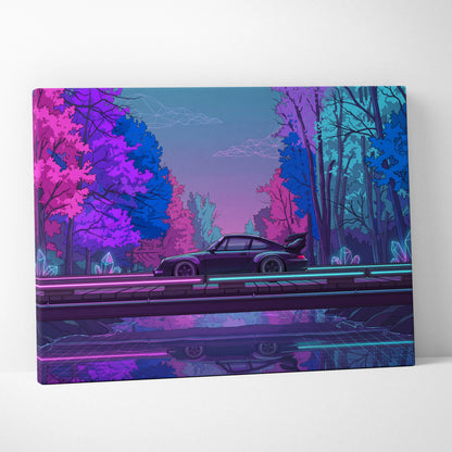 RWB Porsche 911 Inspired Purple Blue Forest Canvas Wall Art Vaporwave Neon Sports Car Artwork, Moody Cyberpunk Garage Decor Print