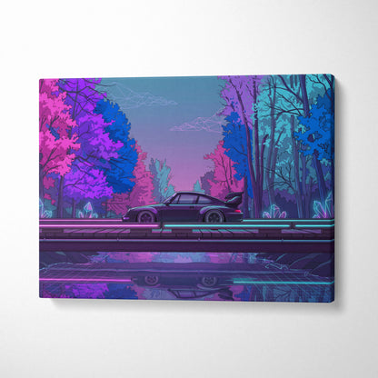 RWB Porsche 911 Inspired Purple Blue Forest Canvas Wall Art Vaporwave Neon Sports Car Artwork, Moody Cyberpunk Garage Decor Print
