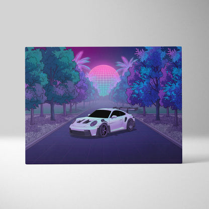 Porsche 911 GT3 RS Inspired White Purple Canvas Wall Art Vaporwave Sports Car Artwork, Neon Palm Road Garage Decor Retro Futuristic Print