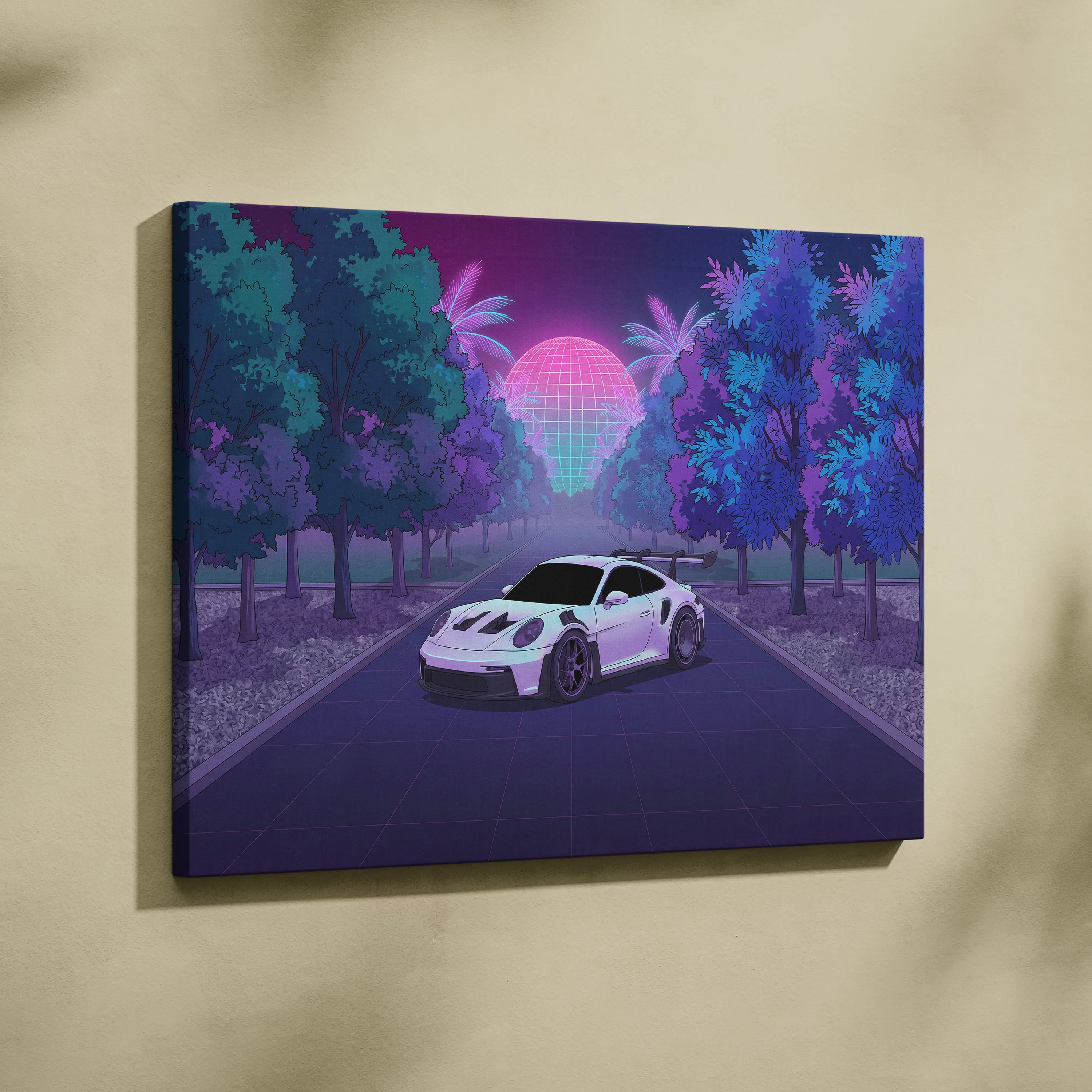 Porsche 911 GT3 RS Inspired White Purple Canvas Wall Art Vaporwave Sports Car Artwork, Neon Palm Road Garage Decor Retro Futuristic Print