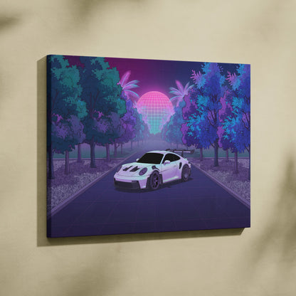 Porsche 911 GT3 RS Inspired White Purple Canvas Wall Art Vaporwave Sports Car Artwork, Neon Palm Road Garage Decor Retro Futuristic Print