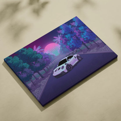 Porsche 911 GT3 RS Inspired White Purple Canvas Wall Art Vaporwave Sports Car Artwork, Neon Palm Road Garage Decor Retro Futuristic Print