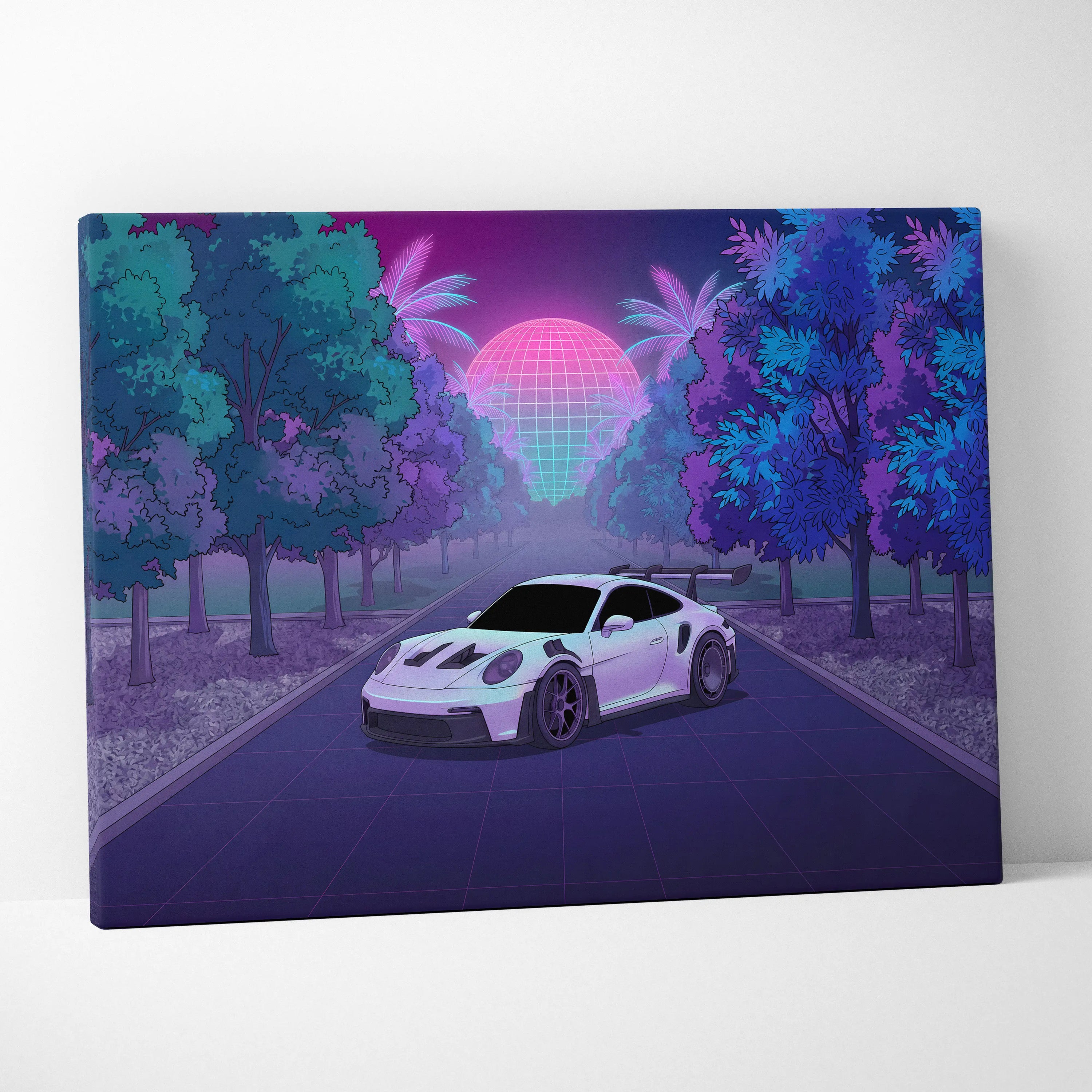 Porsche 911 GT3 RS Inspired White Purple Canvas Wall Art Vaporwave Sports Car Artwork, Neon Palm Road Garage Decor Retro Futuristic Print