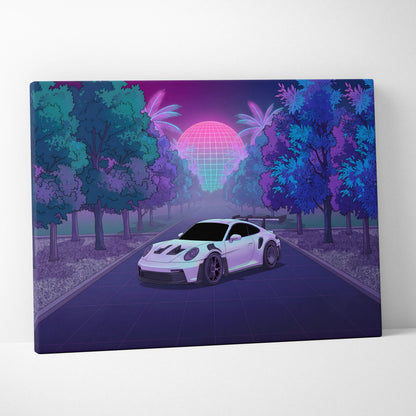Porsche 911 GT3 RS Inspired White Purple Canvas Wall Art Vaporwave Sports Car Artwork, Neon Palm Road Garage Decor Retro Futuristic Print