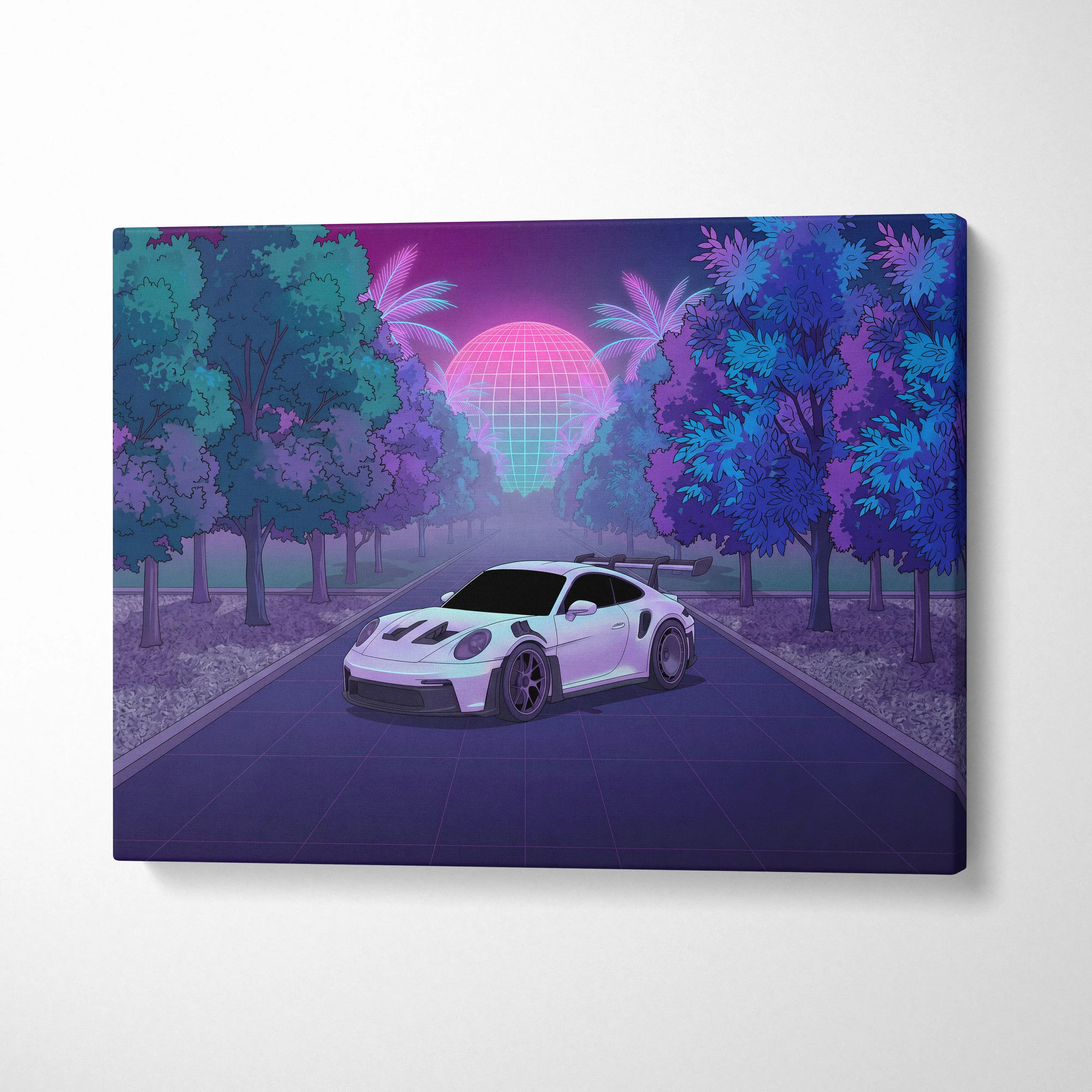 Porsche 911 GT3 RS Inspired White Purple Canvas Wall Art Vaporwave Sports Car Artwork, Neon Palm Road Garage Decor Retro Futuristic Print