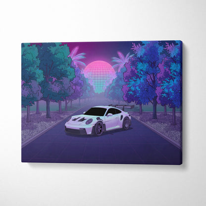 Porsche 911 GT3 RS Inspired White Purple Canvas Wall Art Vaporwave Sports Car Artwork, Neon Palm Road Garage Decor Retro Futuristic Print