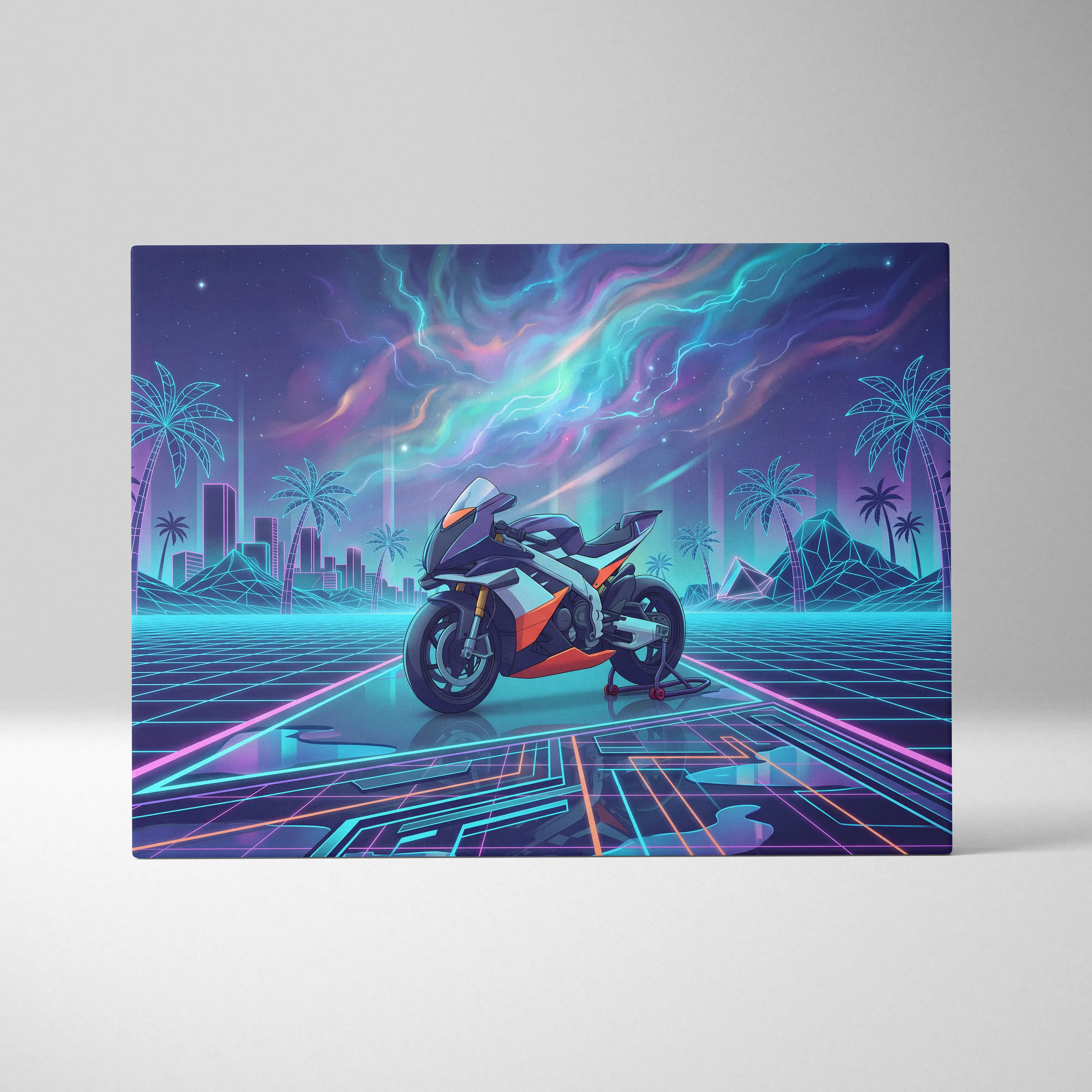 Aprilia RSV4 Xtrenta Inspired Orange Cyan Motorcycle Canvas Wall Art Vaporwave Neon Storm Sportbike Garage Decor Retro Futuristic Racing Artwork