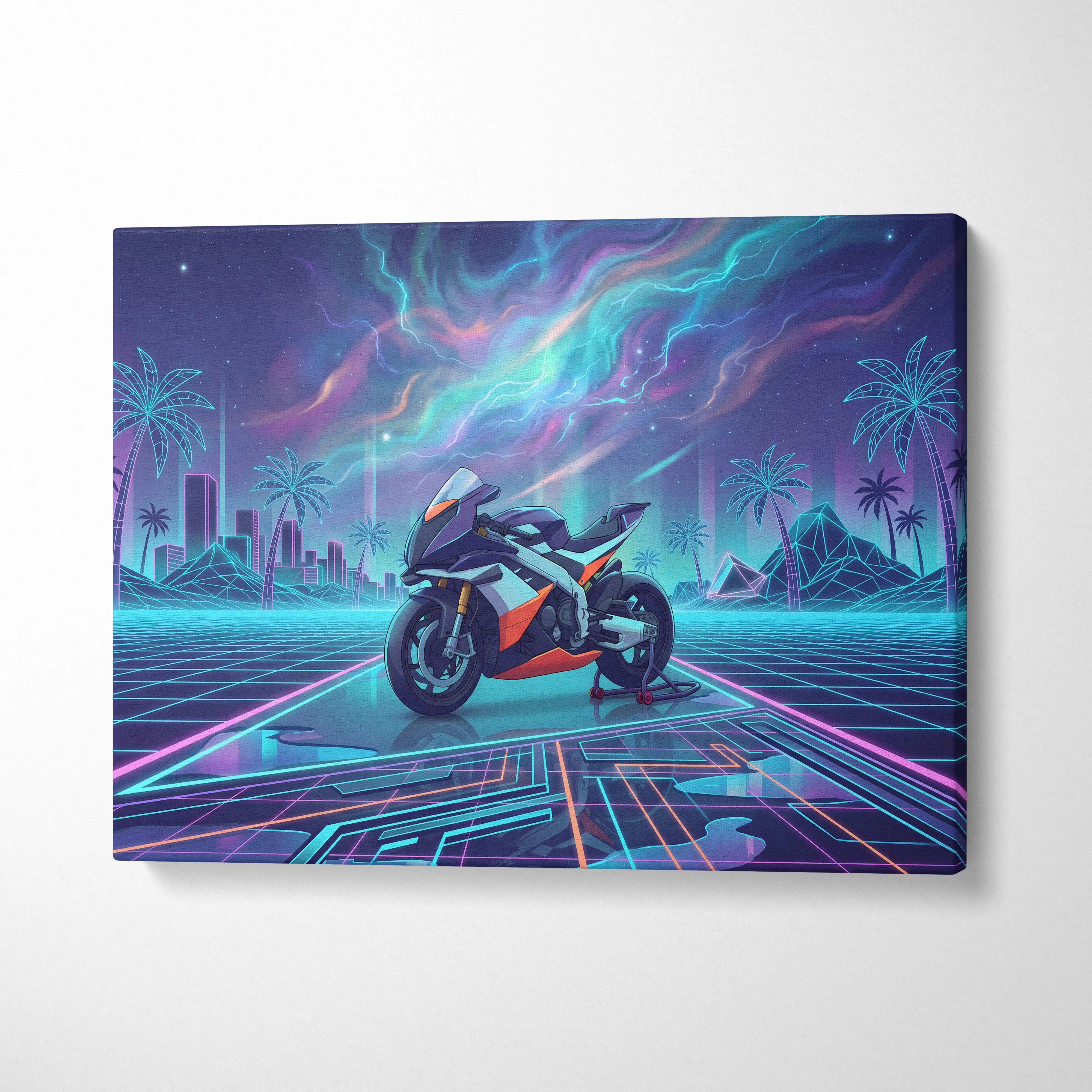 Aprilia RSV4 Xtrenta Inspired Orange Cyan Motorcycle Canvas Wall Art Vaporwave Neon Storm Sportbike Garage Decor Retro Futuristic Racing Artwork
