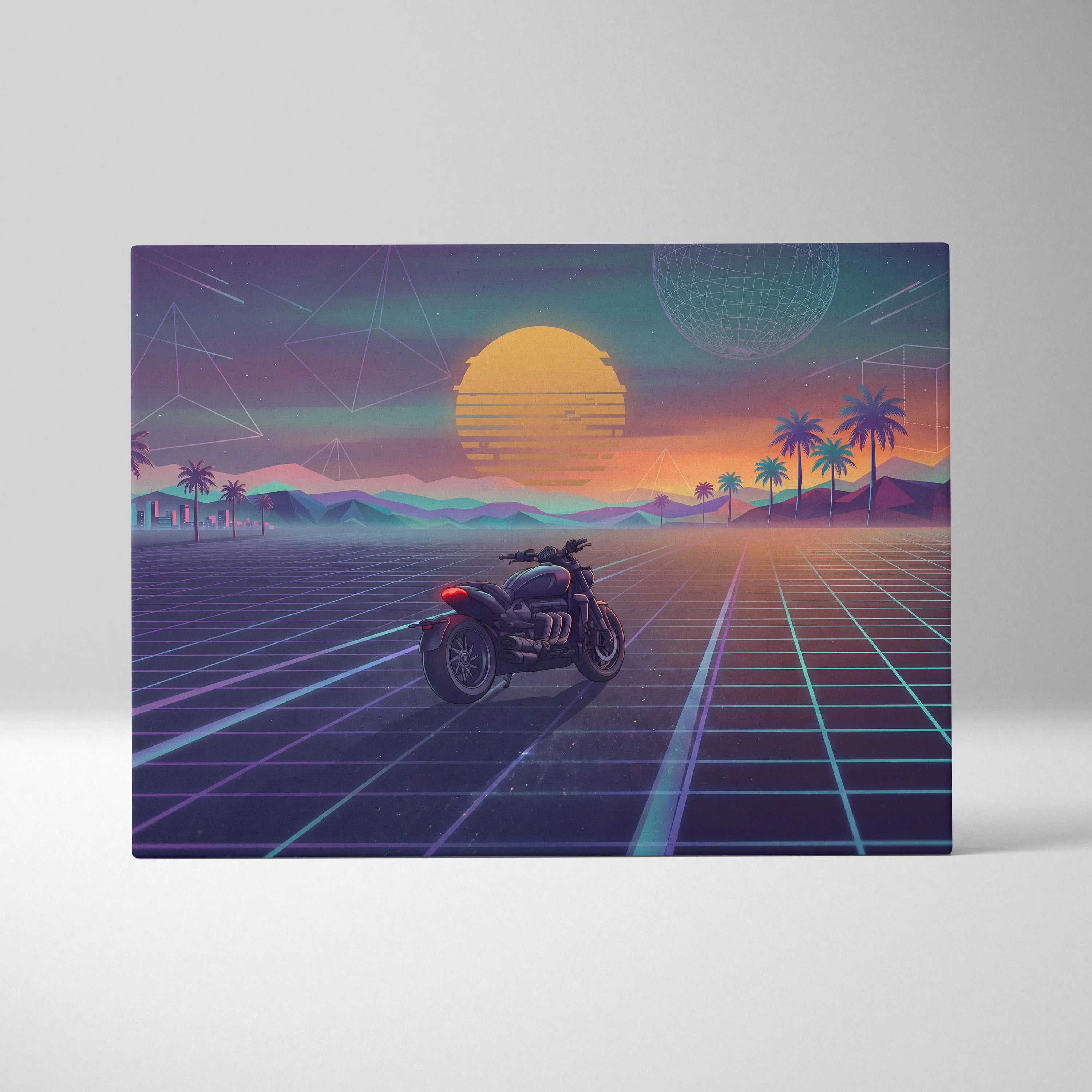 Triumph Rocket 3 Inspired Black Purple Motorcycle Canvas Wall Art Vaporwave Sunset Power Cruiser Garage Decor Retro Futuristic Neon Road Artwork