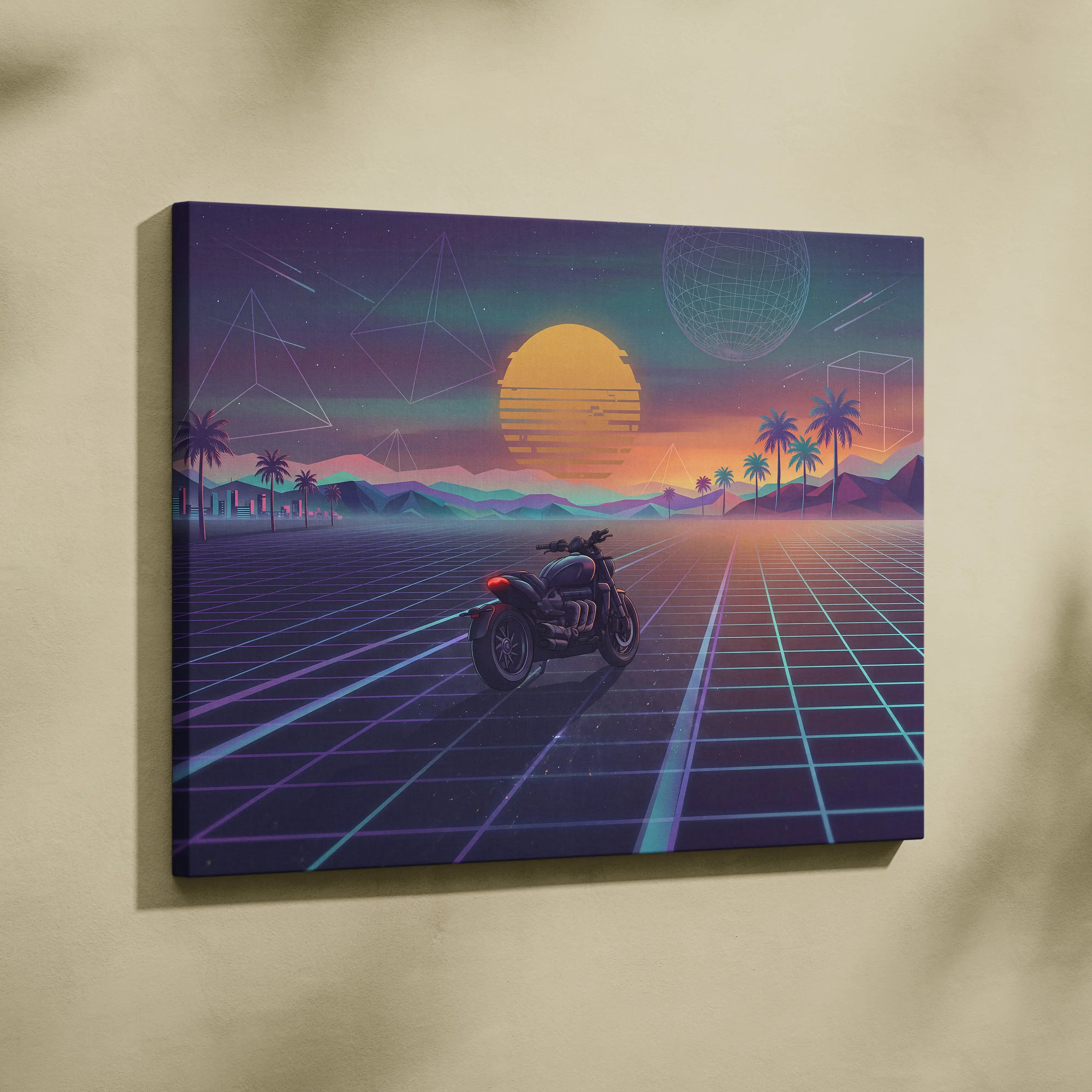 Triumph Rocket 3 Inspired Black Purple Motorcycle Canvas Wall Art Vaporwave Sunset Power Cruiser Garage Decor Retro Futuristic Neon Road Artwork