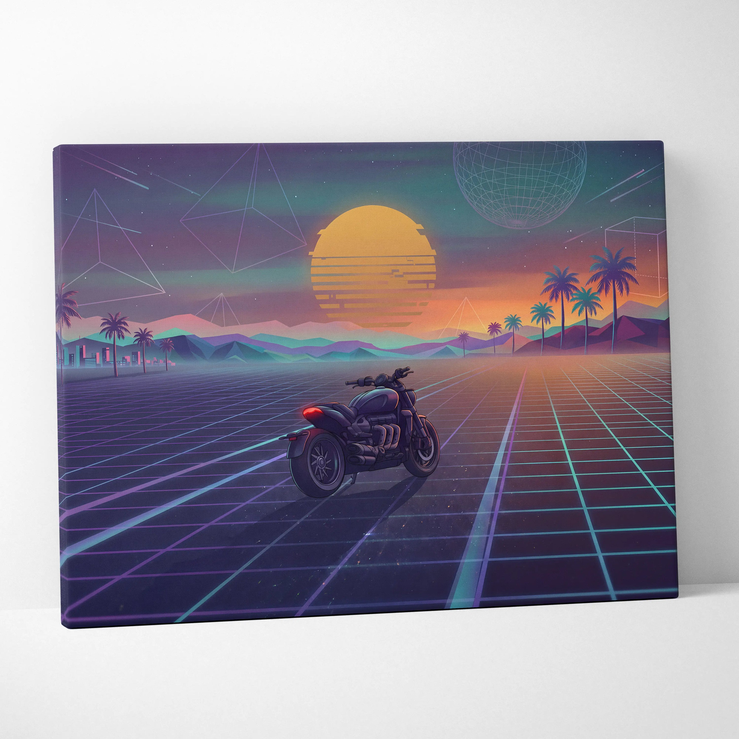 Triumph Rocket 3 Inspired Black Purple Motorcycle Canvas Wall Art Vaporwave Sunset Power Cruiser Garage Decor Retro Futuristic Neon Road Artwork