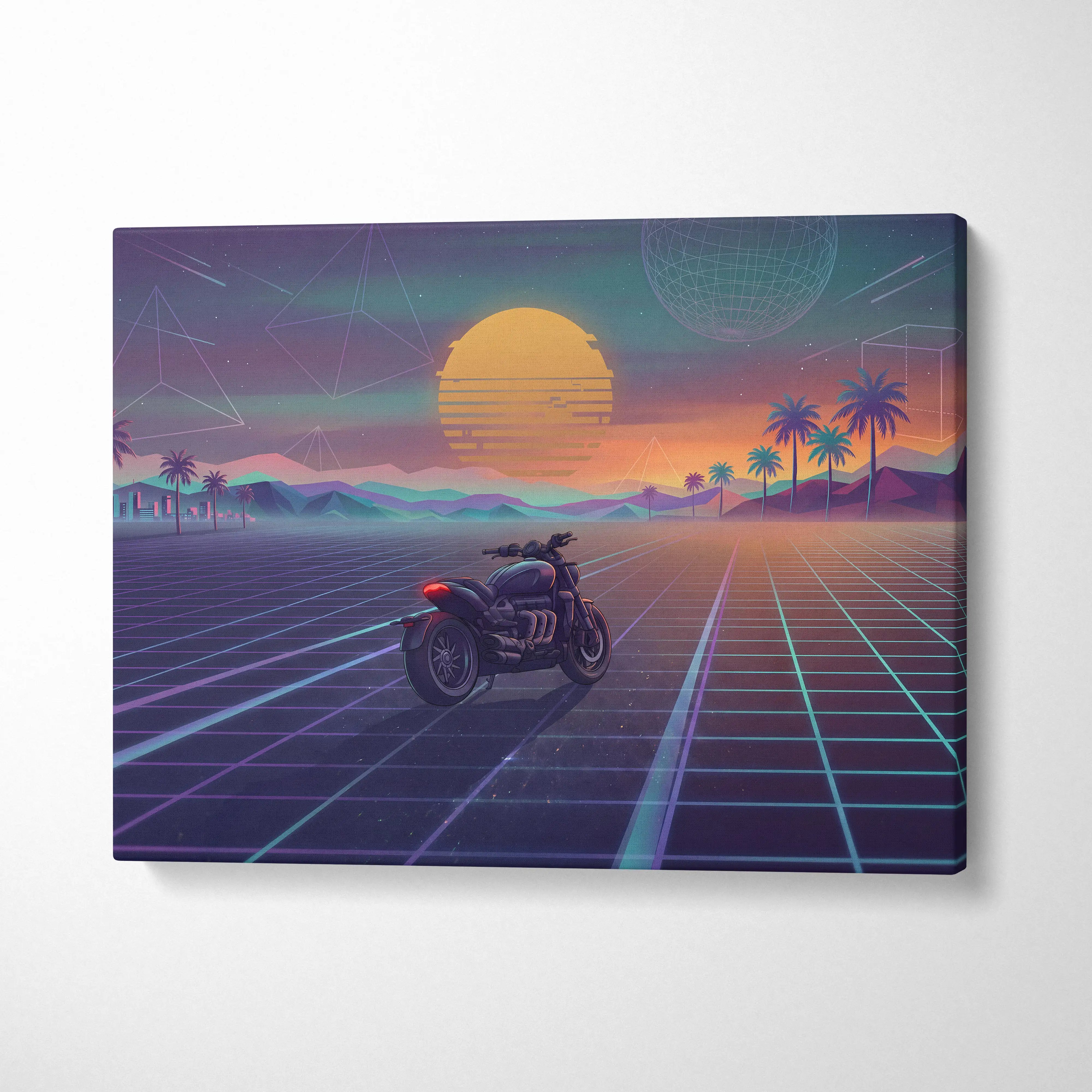 Triumph Rocket 3 Inspired Black Purple Motorcycle Canvas Wall Art Vaporwave Sunset Power Cruiser Garage Decor Retro Futuristic Neon Road Artwork