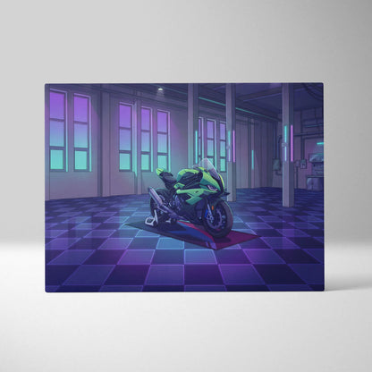 BMW S1000RR Inspired Green Purple Motorcycle Canvas Wall Art Vaporwave Neon Sportbike Garage Decor Retro Futuristic Racing Artwork