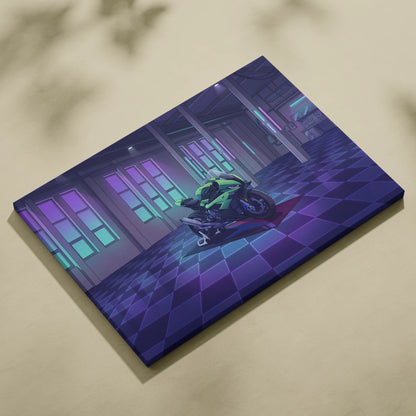 BMW S1000RR Inspired Green Purple Motorcycle Canvas Wall Art Vaporwave Neon Sportbike Garage Decor Retro Futuristic Racing Artwork