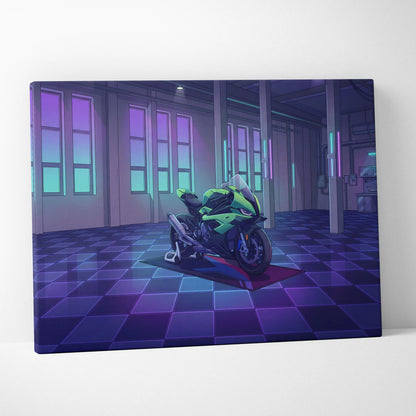 BMW S1000RR Inspired Green Purple Motorcycle Canvas Wall Art Vaporwave Neon Sportbike Garage Decor Retro Futuristic Racing Artwork