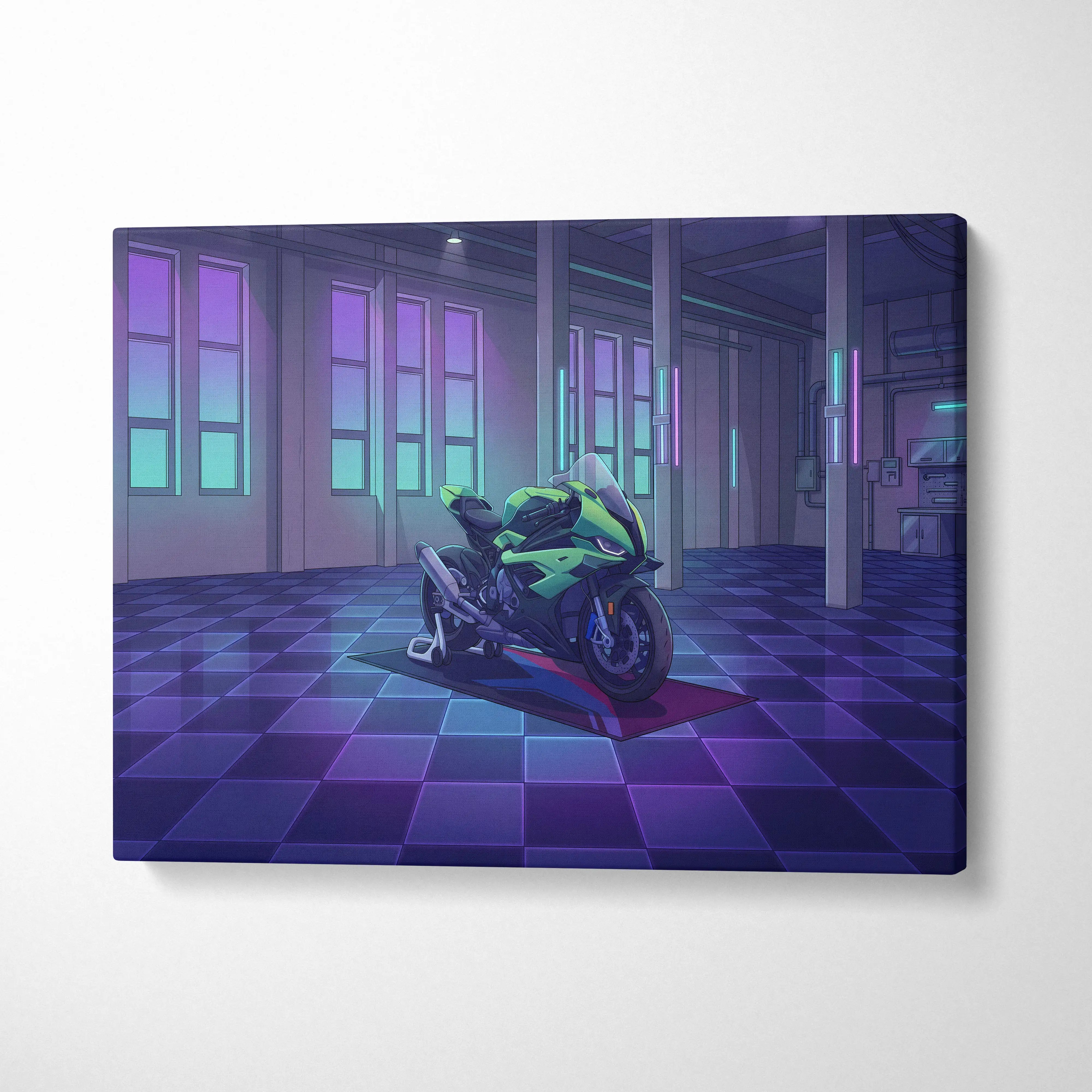 BMW S1000RR Inspired Green Purple Motorcycle Canvas Wall Art Vaporwave Neon Sportbike Garage Decor Retro Futuristic Racing Artwork