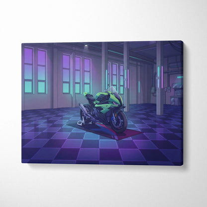 BMW S1000RR Inspired Green Purple Motorcycle Canvas Wall Art Vaporwave Neon Sportbike Garage Decor Retro Futuristic Racing Artwork