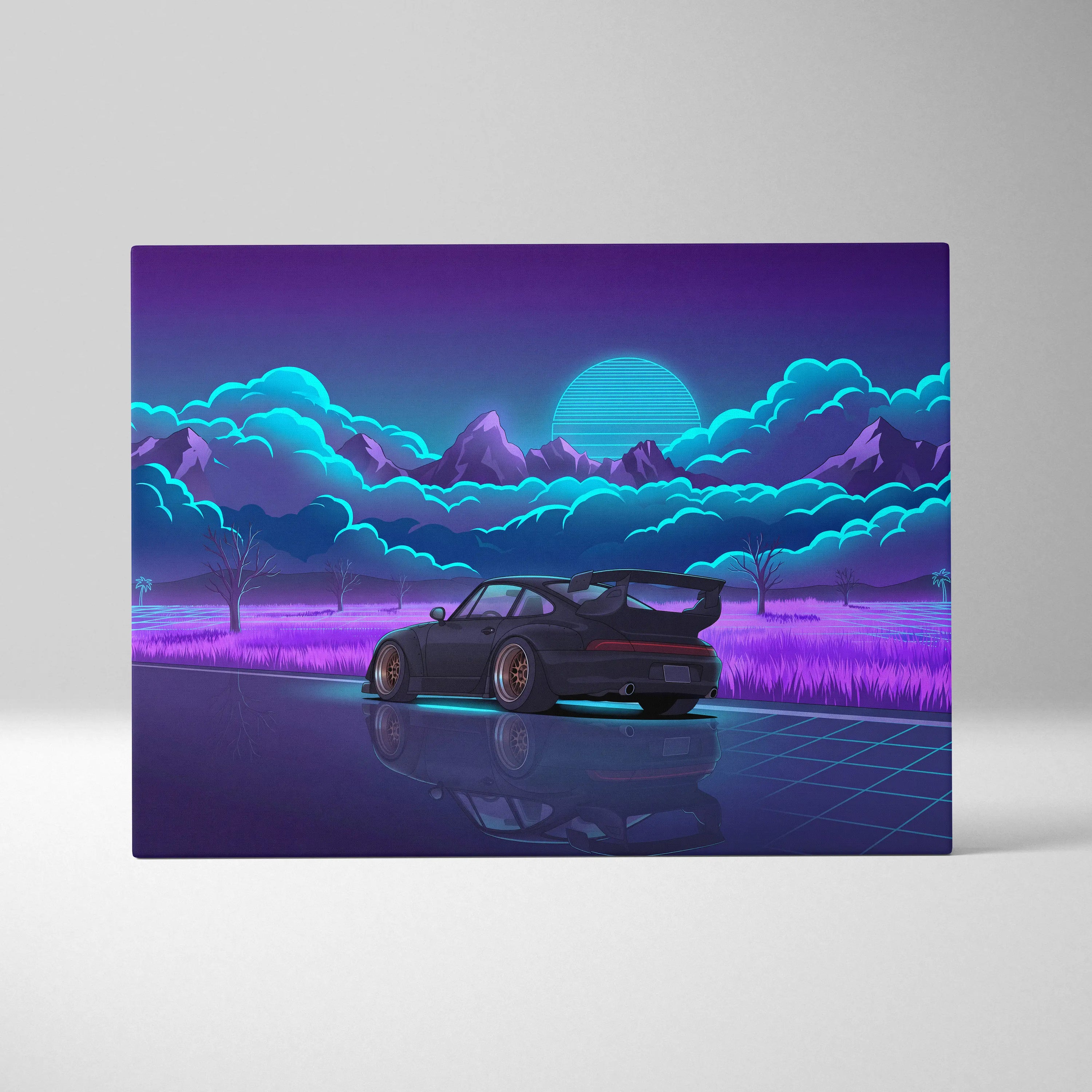 RWB Porsche 911 Turbo Inspired Black Purple Mountain Canvas Wall Art Vaporwave Sports Car Artwork, Neon Field Garage Decor Retro Futuristic Print