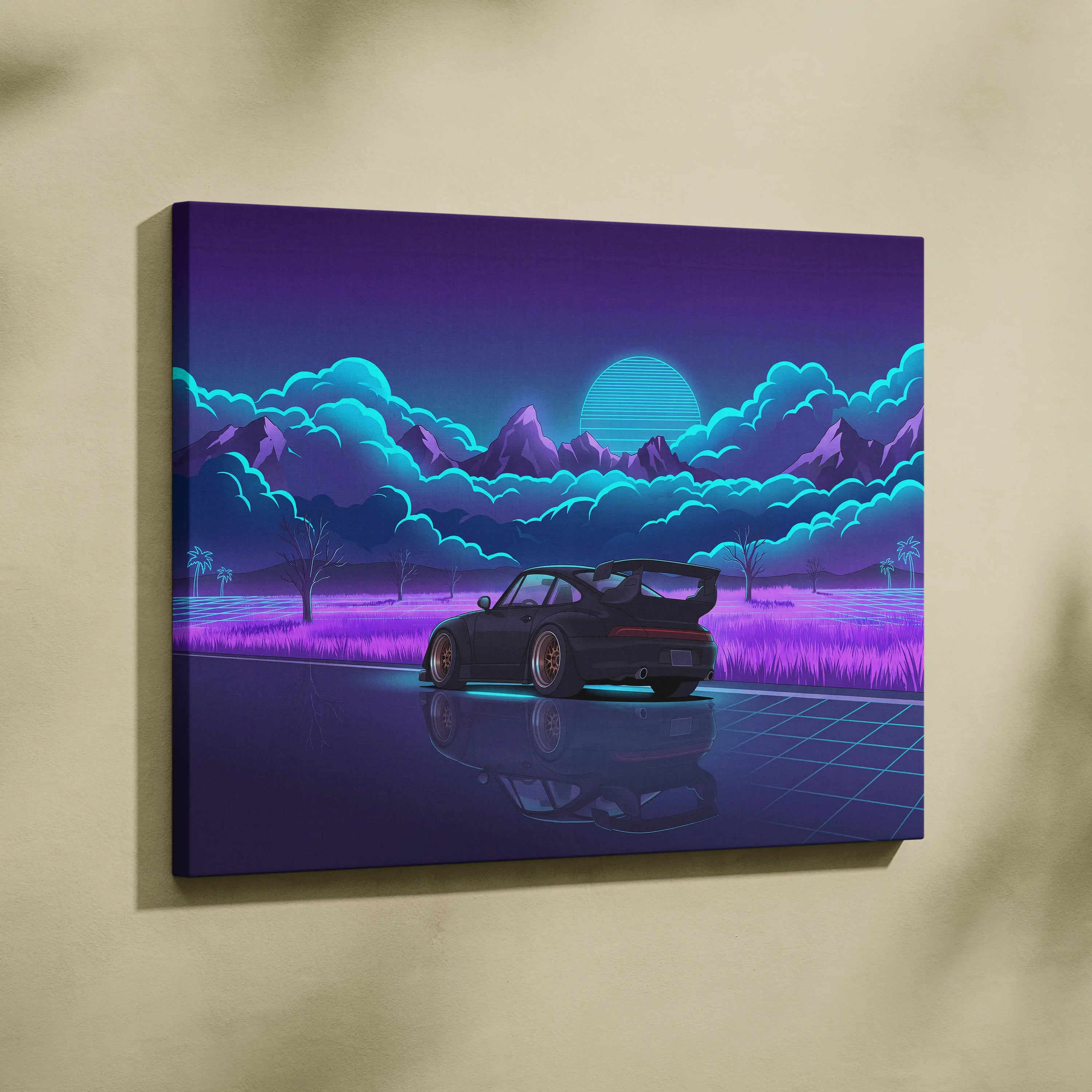 RWB Porsche 911 Turbo Inspired Black Purple Mountain Canvas Wall Art Vaporwave Sports Car Artwork, Neon Field Garage Decor Retro Futuristic Print