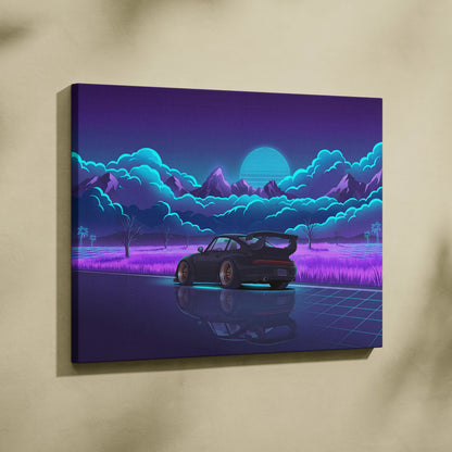 RWB Porsche 911 Turbo Inspired Black Purple Mountain Canvas Wall Art Vaporwave Sports Car Artwork, Neon Field Garage Decor Retro Futuristic Print