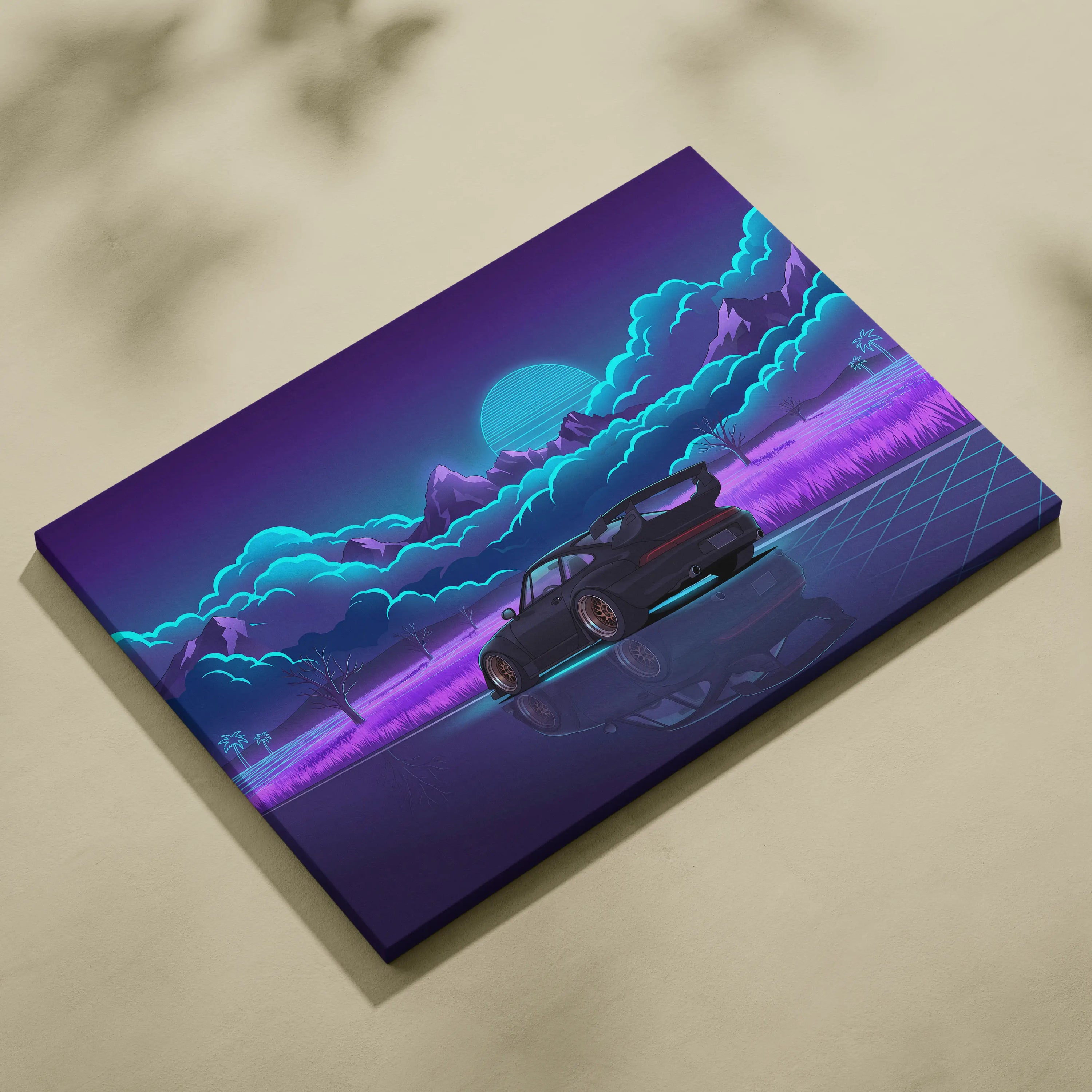 RWB Porsche 911 Turbo Inspired Black Purple Mountain Canvas Wall Art Vaporwave Sports Car Artwork, Neon Field Garage Decor Retro Futuristic Print