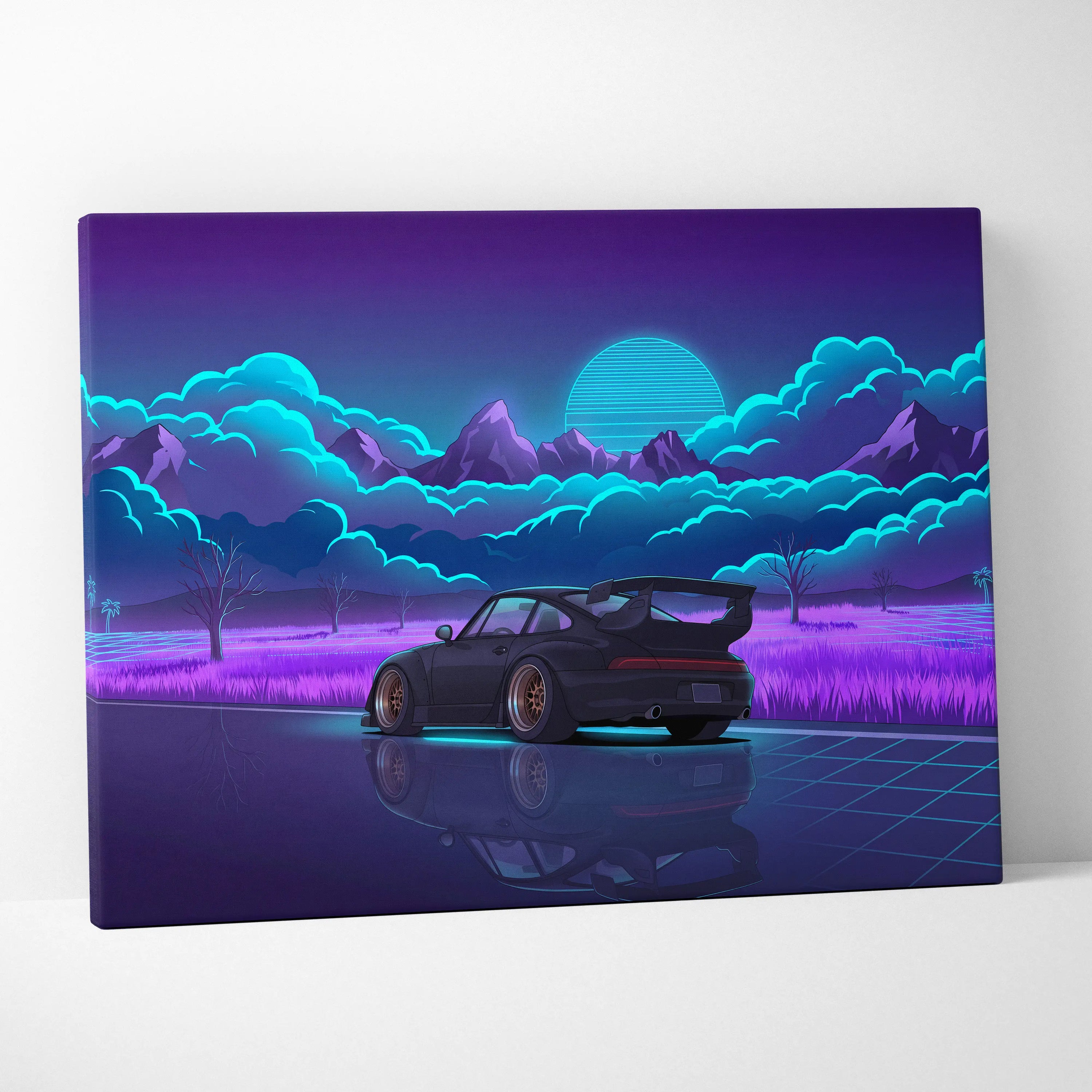 RWB Porsche 911 Turbo Inspired Black Purple Mountain Canvas Wall Art Vaporwave Sports Car Artwork, Neon Field Garage Decor Retro Futuristic Print