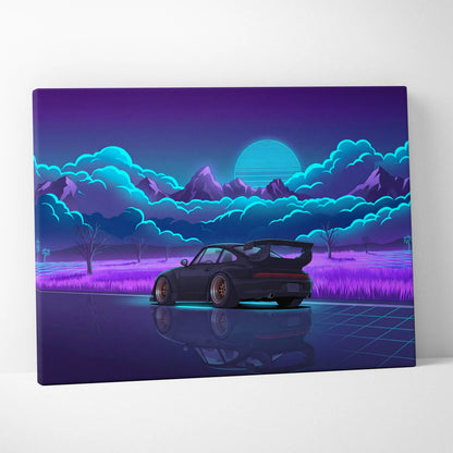 RWB Porsche 911 Turbo Inspired Black Purple Mountain Canvas Wall Art Vaporwave Sports Car Artwork, Neon Field Garage Decor Retro Futuristic Print