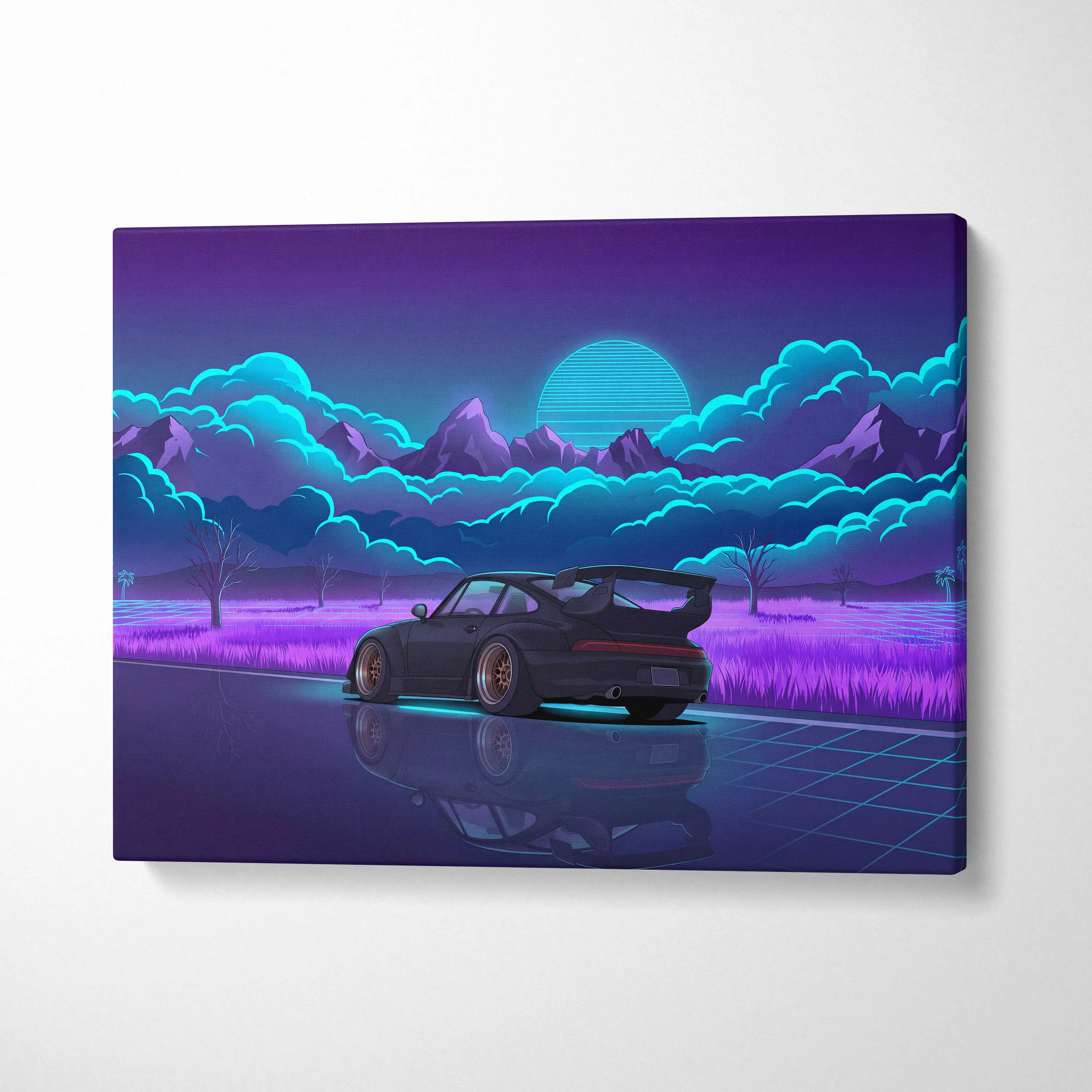 RWB Porsche 911 Turbo Inspired Black Purple Mountain Canvas Wall Art Vaporwave Sports Car Artwork, Neon Field Garage Decor Retro Futuristic Print