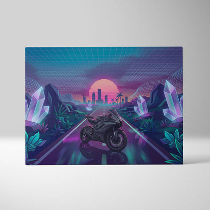 Yamaha R6 Inspired Black Purple Motorcycle Canvas Wall Art Vaporwave Neon Sunset Sportbike Garage Decor Retro Futuristic Racing Artwork