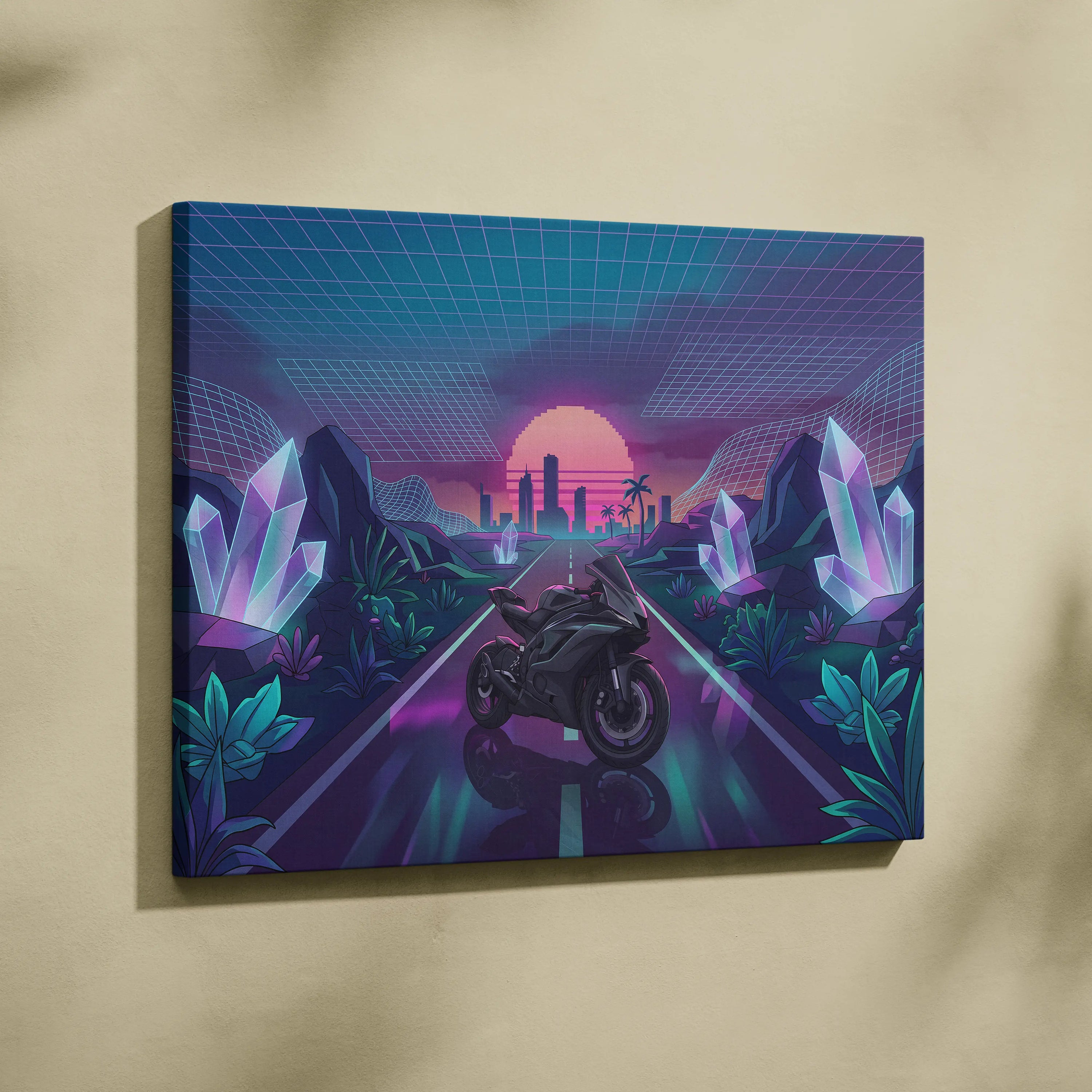Yamaha R6 Inspired Black Purple Motorcycle Canvas Wall Art Vaporwave Neon Sunset Sportbike Garage Decor Retro Futuristic Racing Artwork