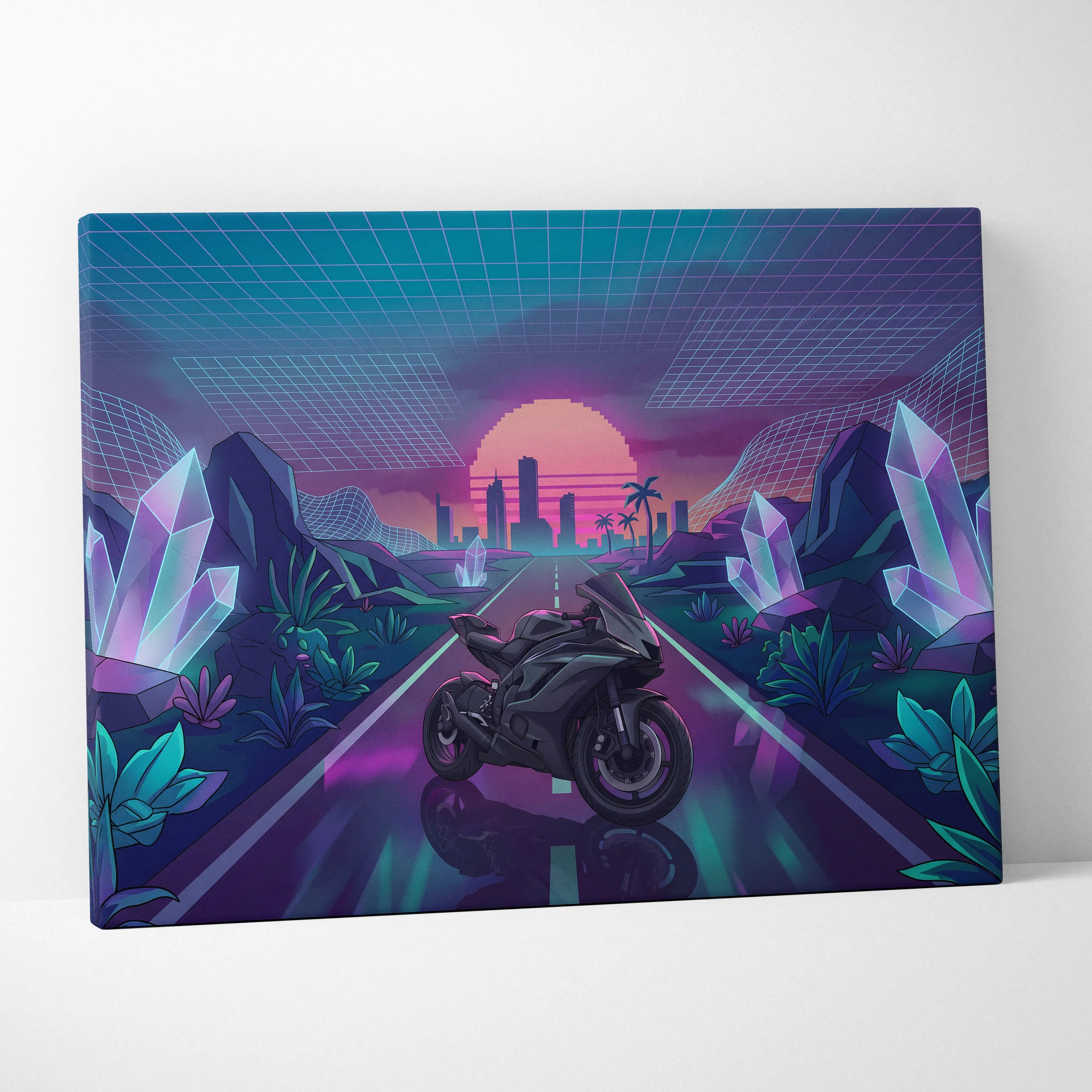 Yamaha R6 Inspired Black Purple Motorcycle Canvas Wall Art Vaporwave Neon Sunset Sportbike Garage Decor Retro Futuristic Racing Artwork