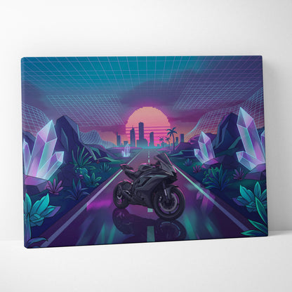 Yamaha R6 Inspired Black Purple Motorcycle Canvas Wall Art Vaporwave Neon Sunset Sportbike Garage Decor Retro Futuristic Racing Artwork