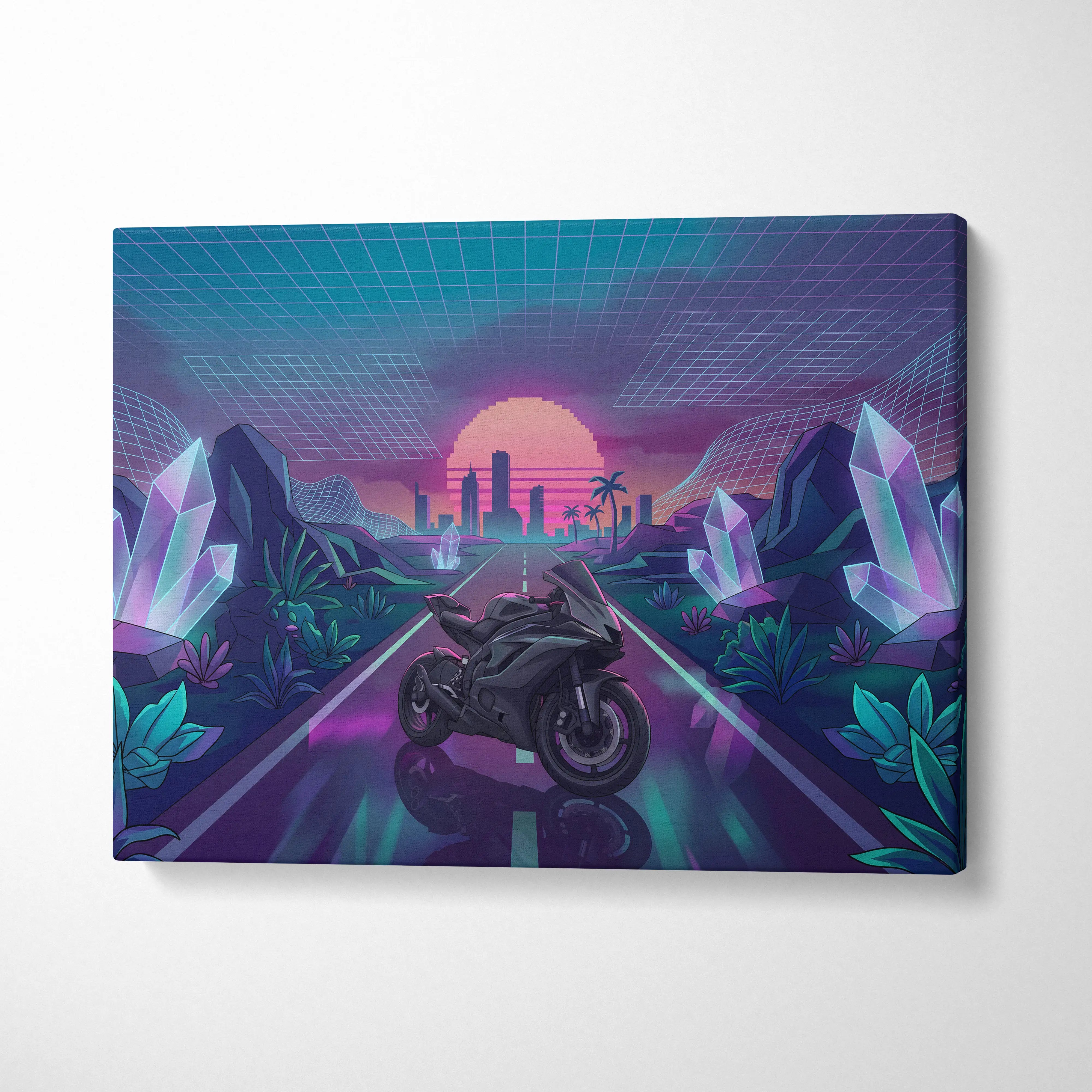 Yamaha R6 Inspired Black Purple Motorcycle Canvas Wall Art Vaporwave Neon Sunset Sportbike Garage Decor Retro Futuristic Racing Artwork