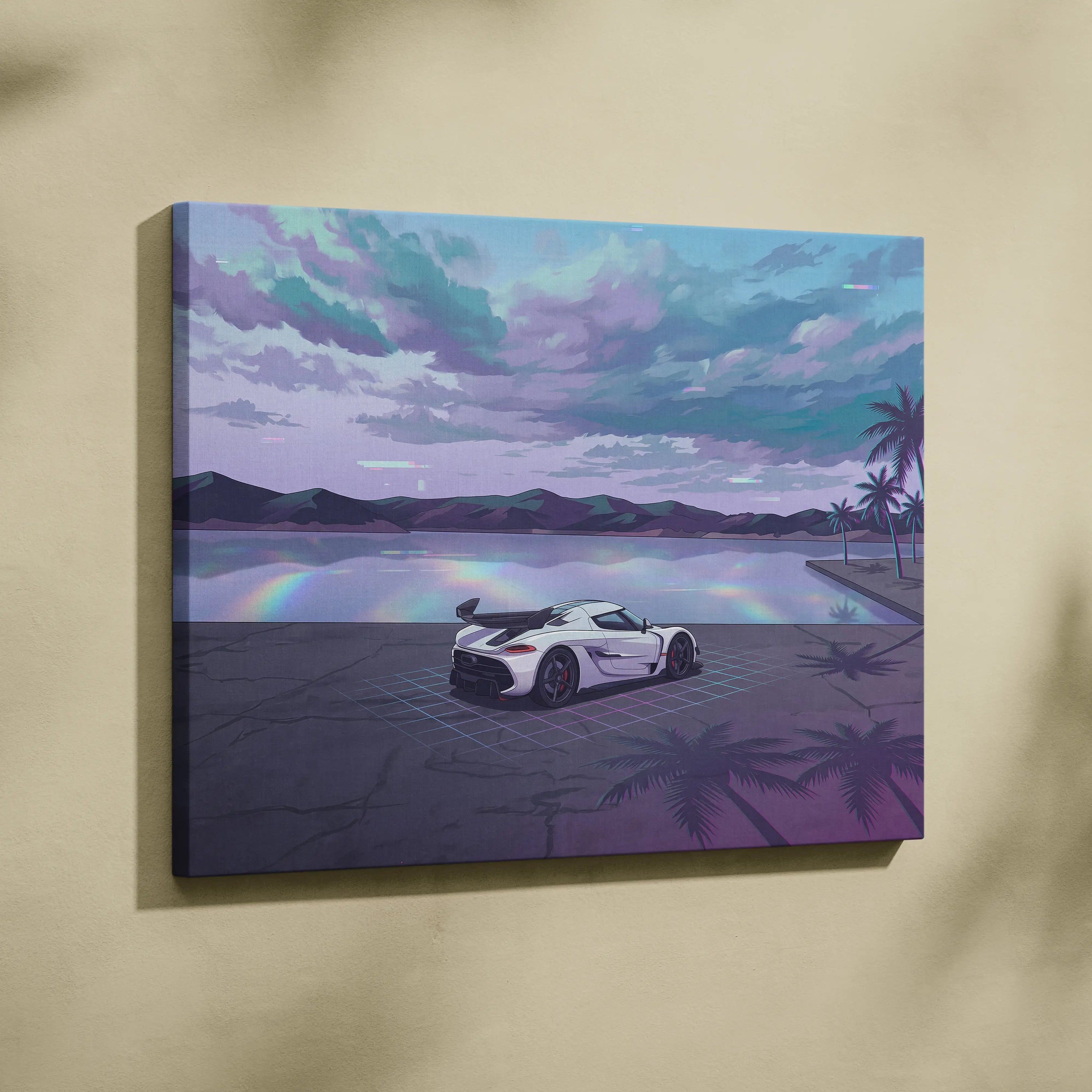 Koenigsegg Jesko Inspired White Teal Lake Canvas Wall Art Vaporwave Hypercar Artwork, Neon Grid Coastal Garage Decor Retro Futuristic Print