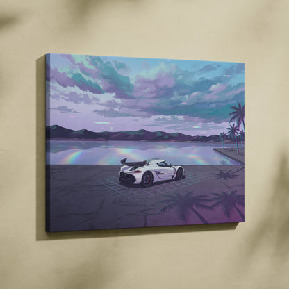 Koenigsegg Jesko Inspired White Teal Lake Canvas Wall Art Vaporwave Hypercar Artwork, Neon Grid Coastal Garage Decor Retro Futuristic Print