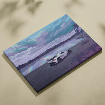 Koenigsegg Jesko Inspired White Teal Lake Canvas Wall Art Vaporwave Hypercar Artwork, Neon Grid Coastal Garage Decor Retro Futuristic Print