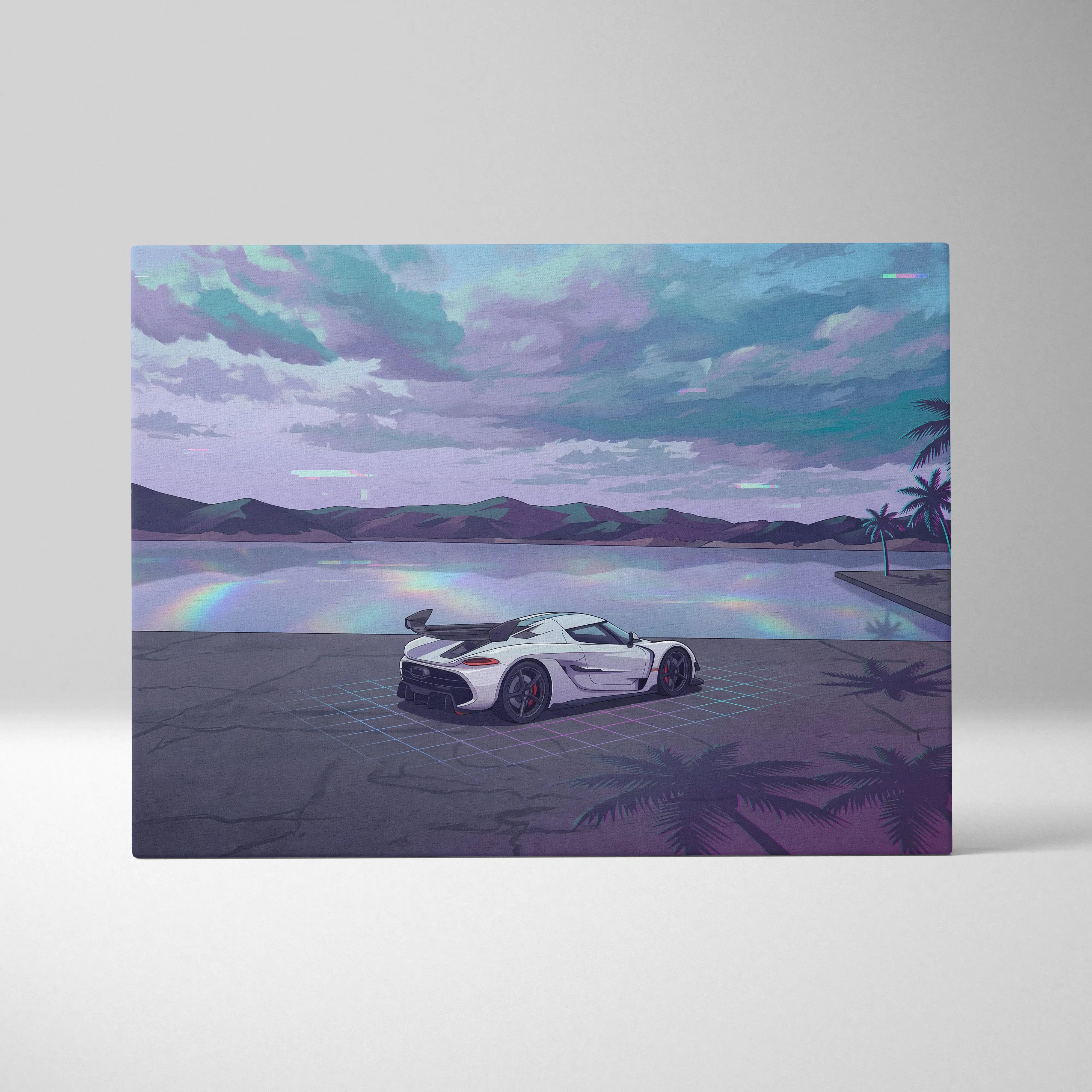 Koenigsegg Jesko Inspired White Teal Lake Canvas Wall Art Vaporwave Hypercar Artwork, Neon Grid Coastal Garage Decor Retro Futuristic Print