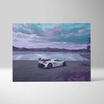 Koenigsegg Jesko Inspired White Teal Lake Canvas Wall Art Vaporwave Hypercar Artwork, Neon Grid Coastal Garage Decor Retro Futuristic Print