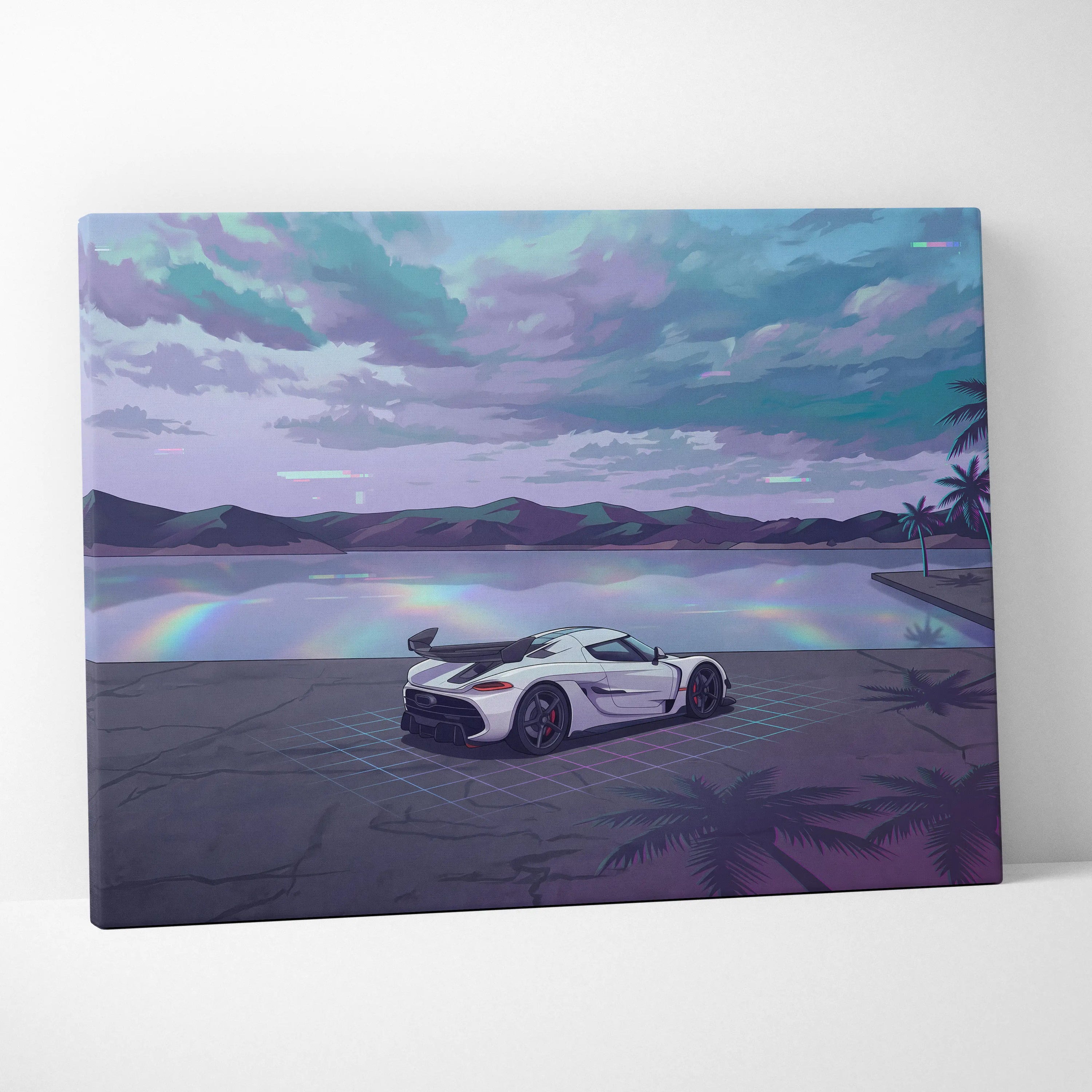 Koenigsegg Jesko Inspired White Teal Lake Canvas Wall Art Vaporwave Hypercar Artwork, Neon Grid Coastal Garage Decor Retro Futuristic Print
